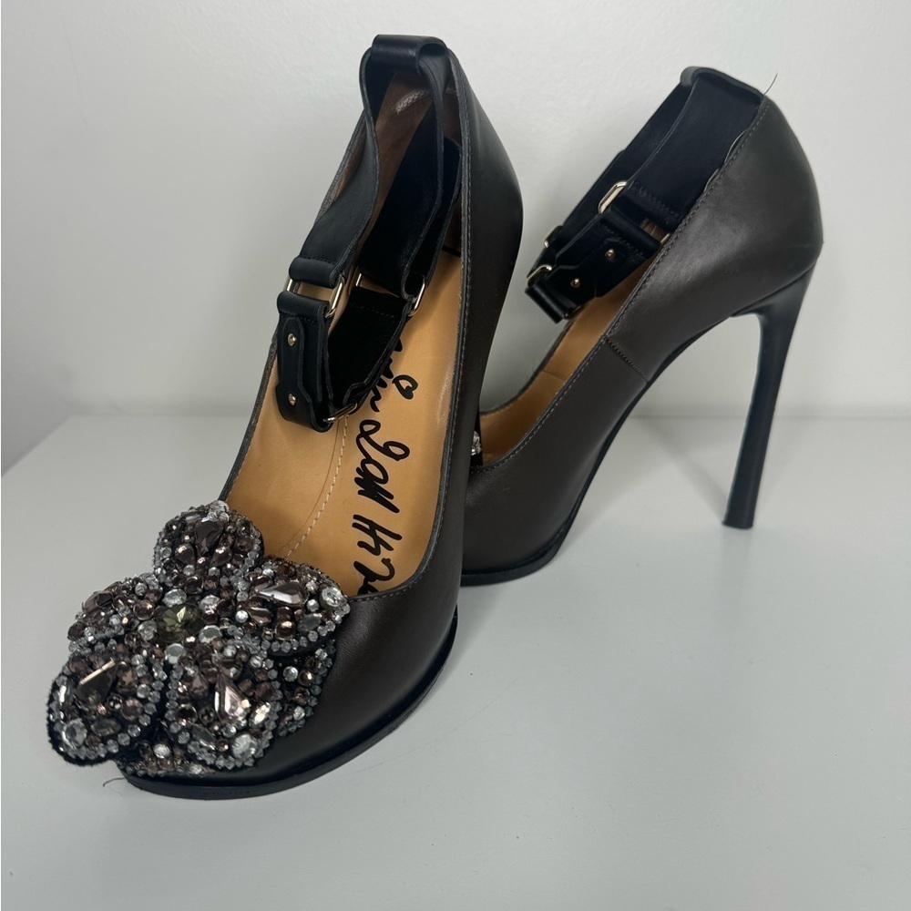Lanvin Dark Grey Rhinestone Jewel Pumps Sz 38.5
